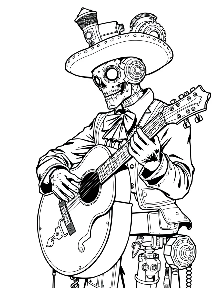 A steampunk mariachi player with mechanical instruments