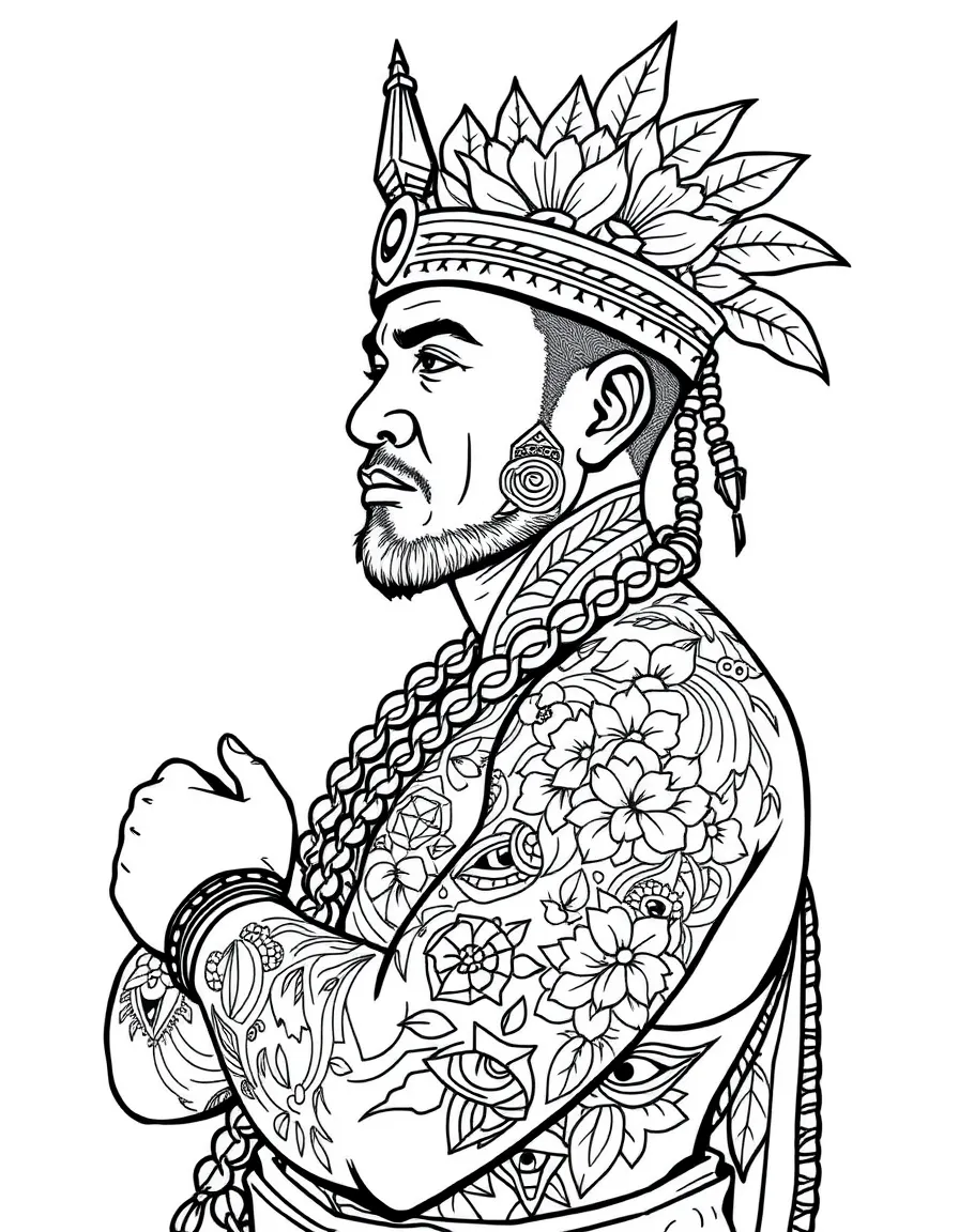 A cyber-Polynesian navigator with digital tattoos