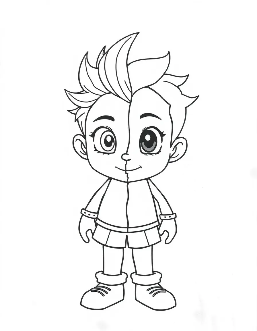 A light-dark divided character with contrasting halves