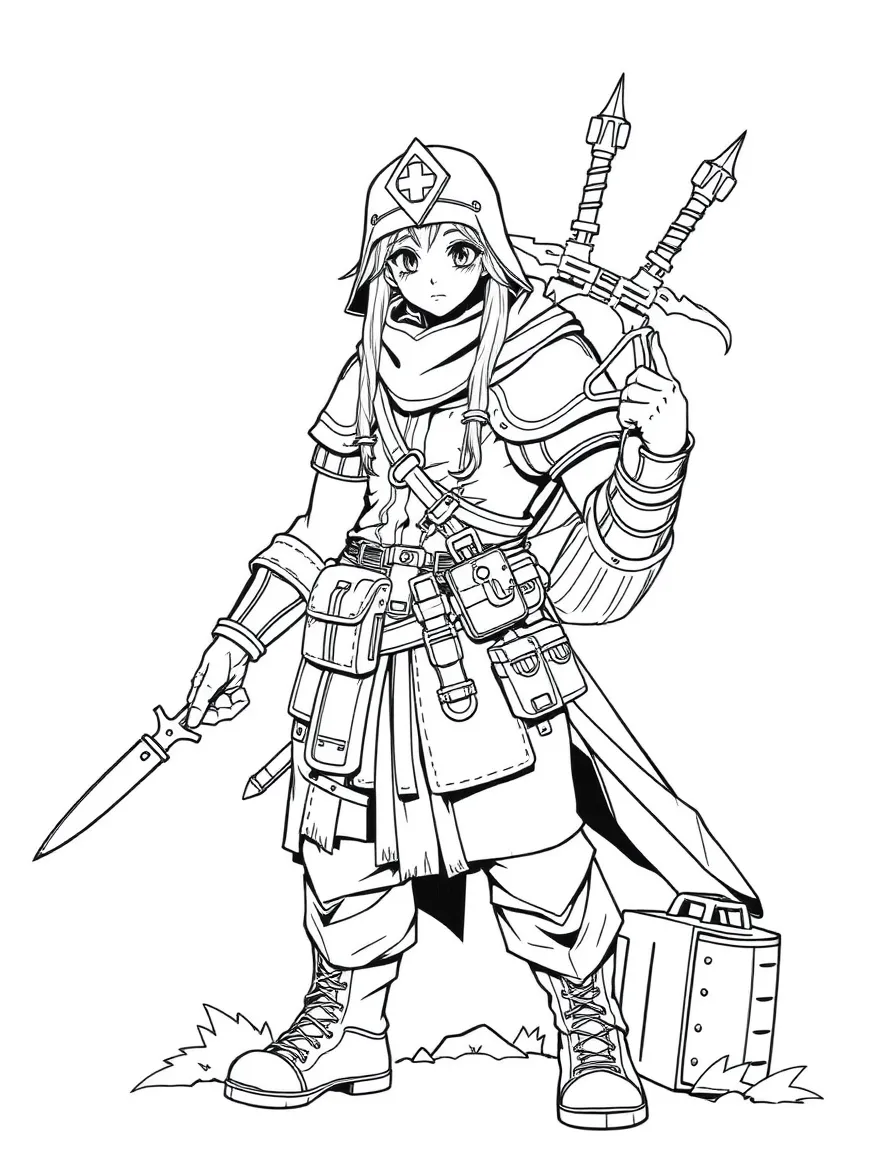A healer-warrior with medical supplies and weapons