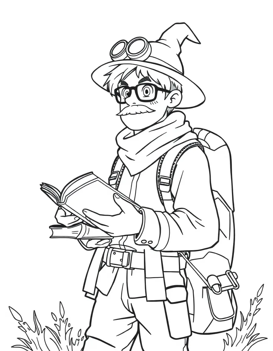 A scholar-adventurer with books and exploration gear