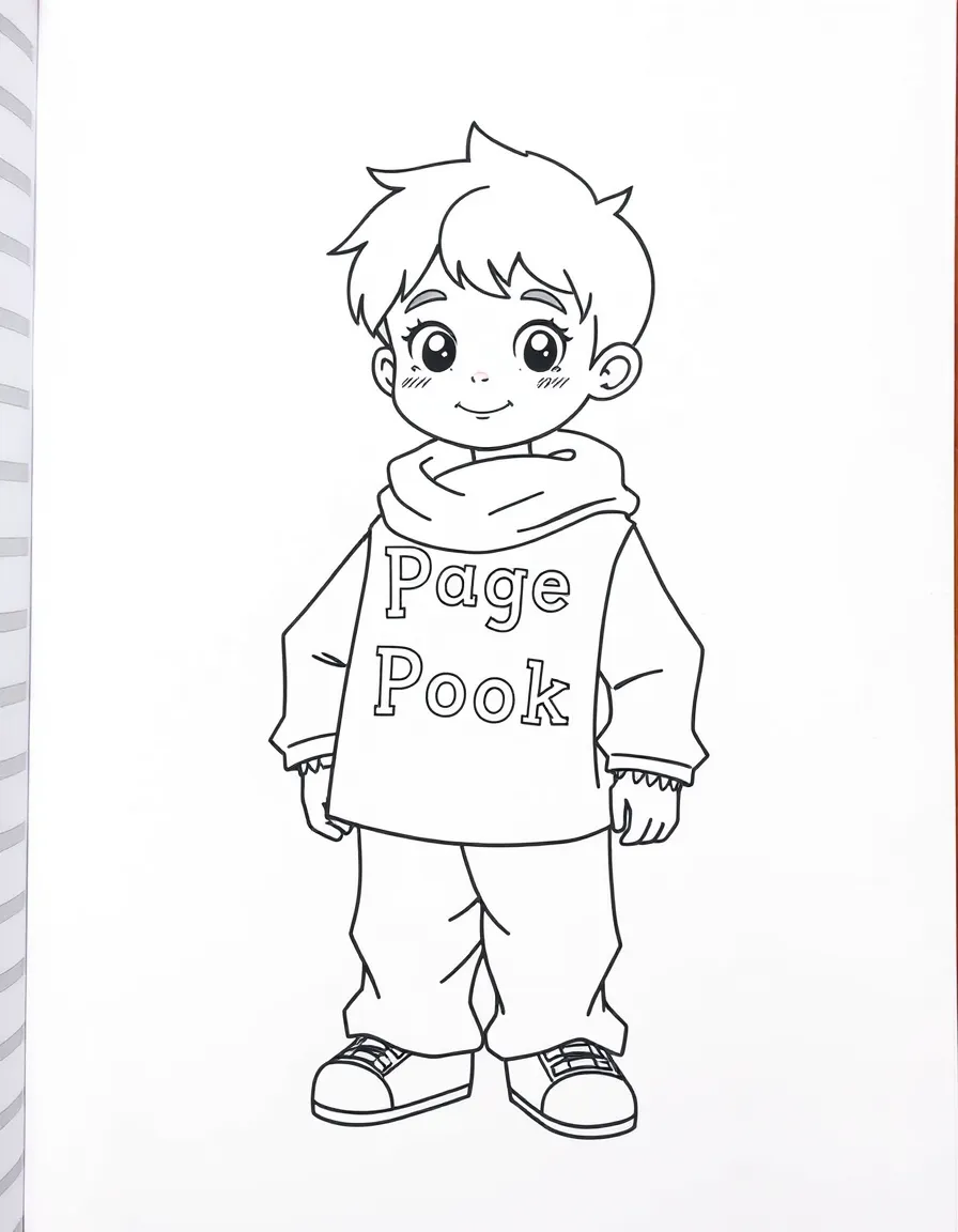 A book character with page-like clothing and text features