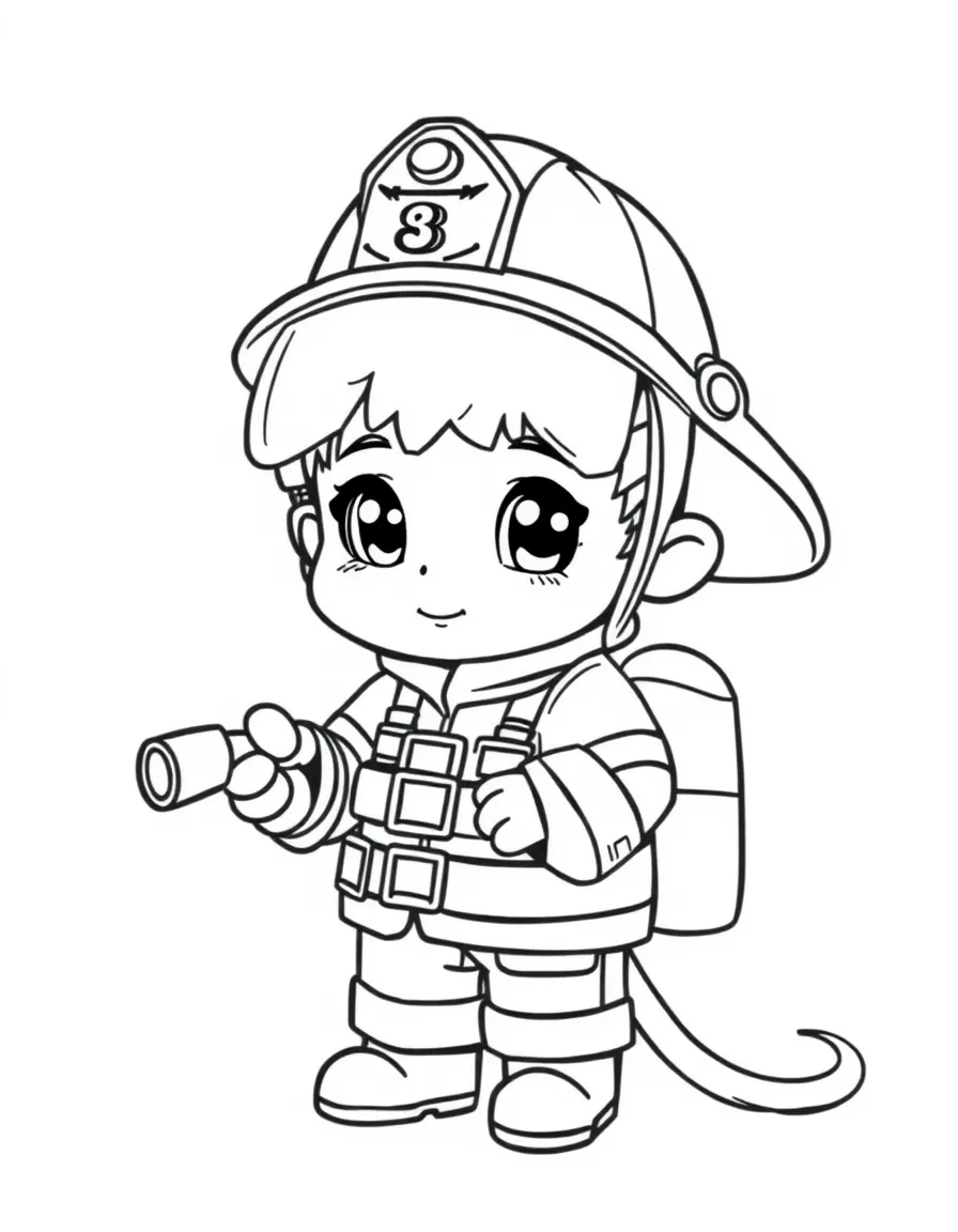 A chibi firefighter with oversized helmet and tiny hose