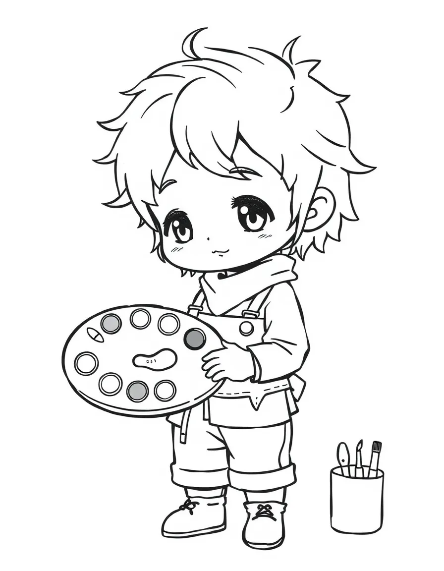 A chibi artist with paint palette larger than torso