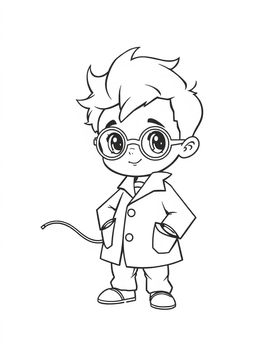 A chibi scientist with lab coat trailing behind