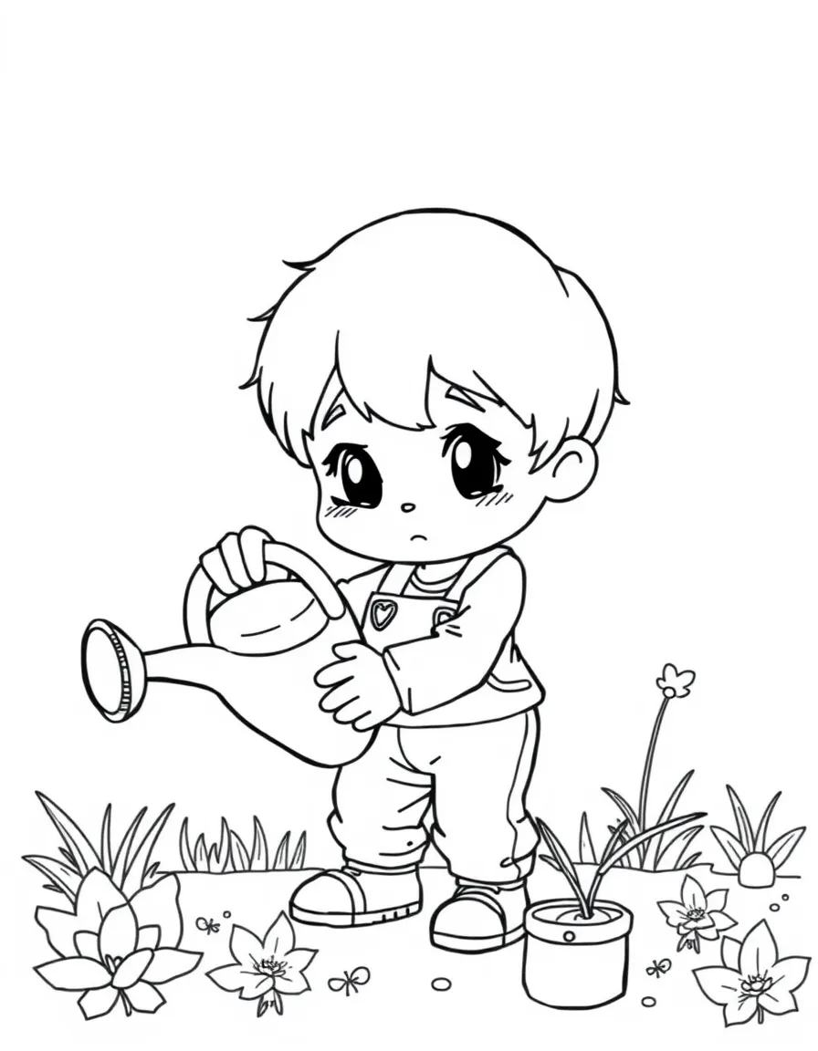 A chibi gardener struggling with oversized watering can