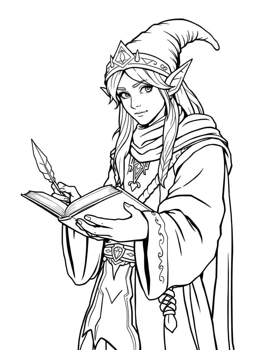 A high elf scholar with ancient tome and quill