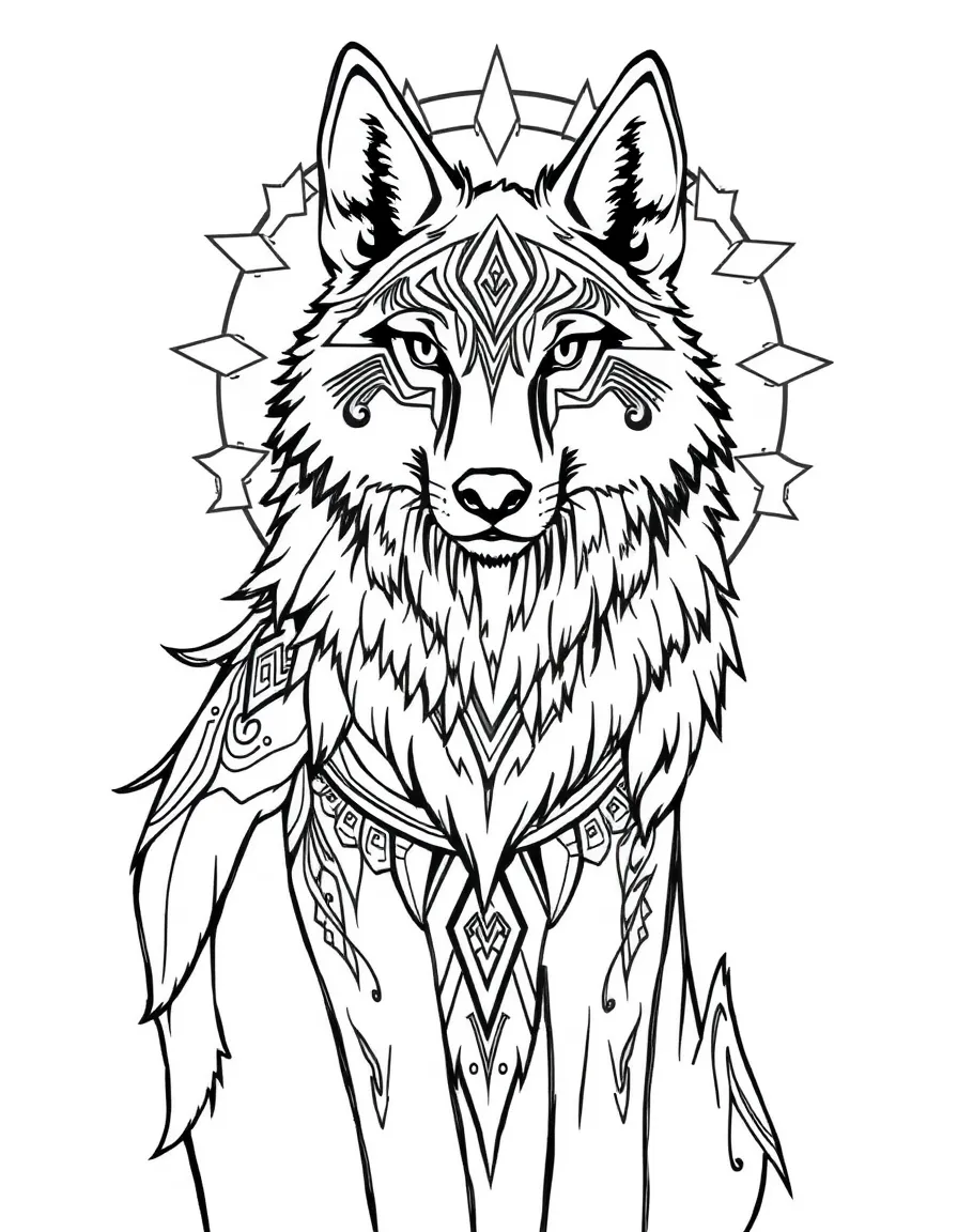 A wolf guardian with tribal markings and protective aura