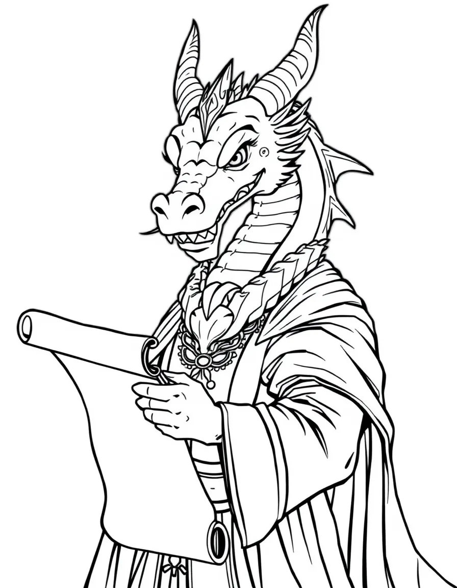 A dragon advisor with scroll and royal attire