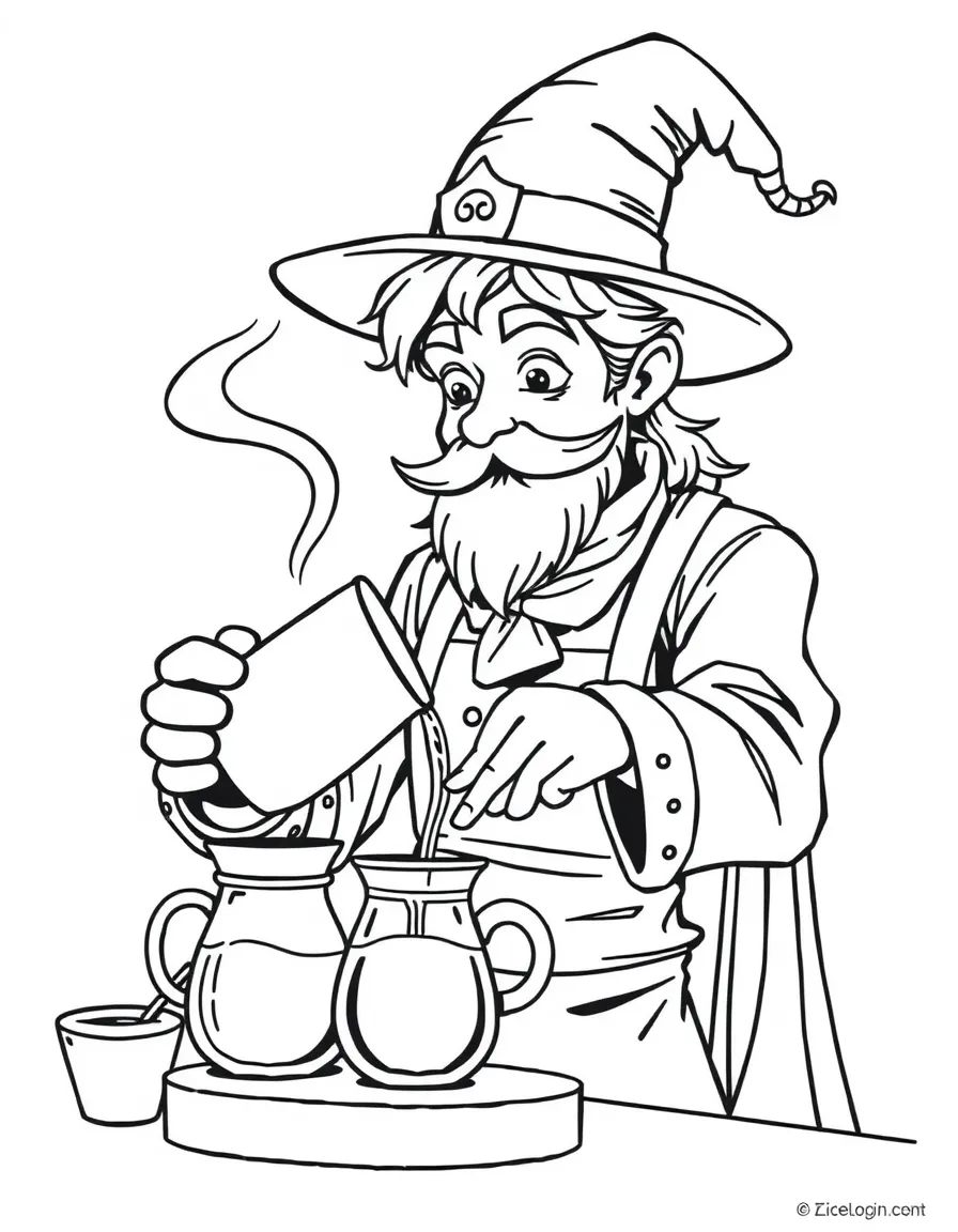 A magical barista brewing potions in coffee cups