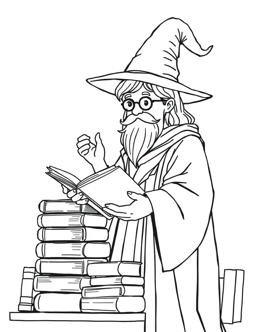 A wizarding librarian organizing living books