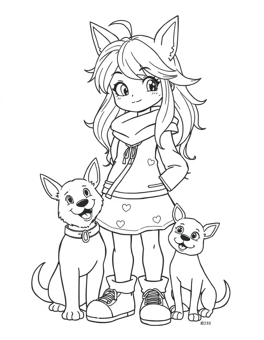 A character with pet companions integrated into their design