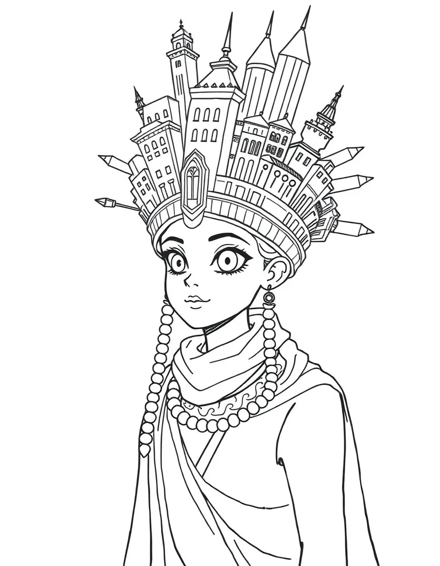 A character with architecture-inspired headdress representing their city