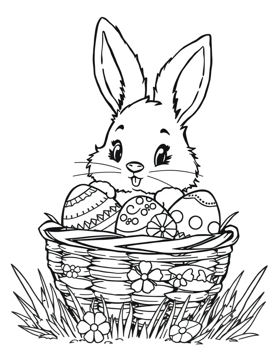 A fluffy bunny hiding behind a basket filled with decorated Easter eggs