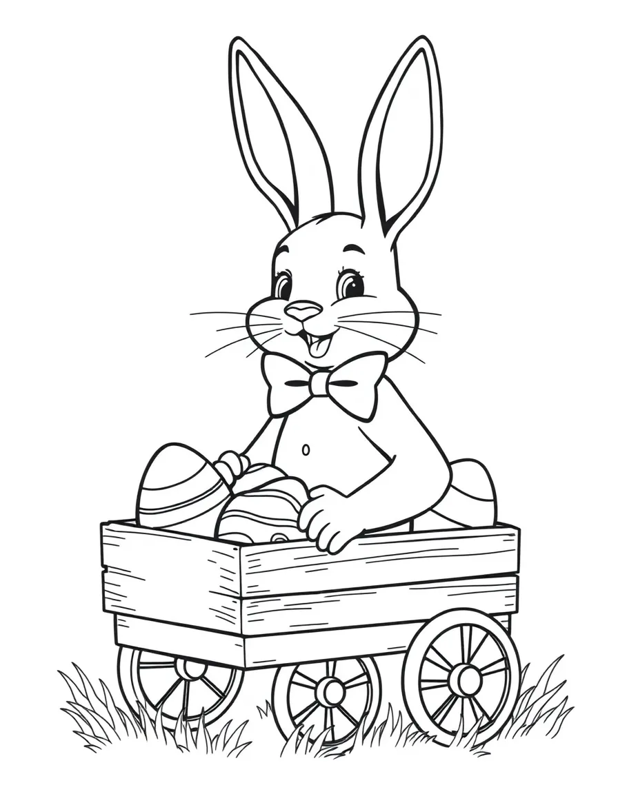 A bunny wearing a bow tie delivering Easter eggs in a miniature wagon