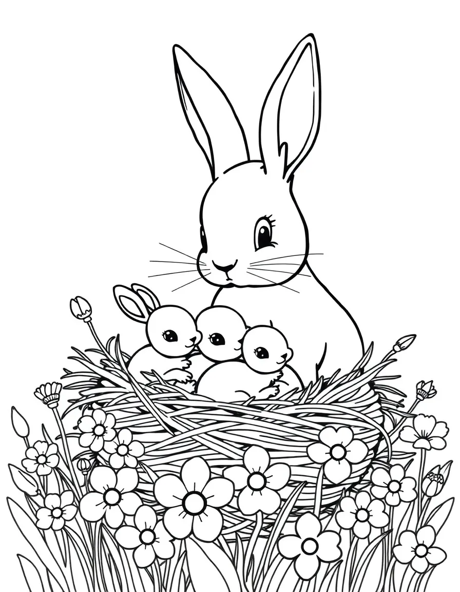 A mother bunny with her babies in a nest surrounded by spring flowers