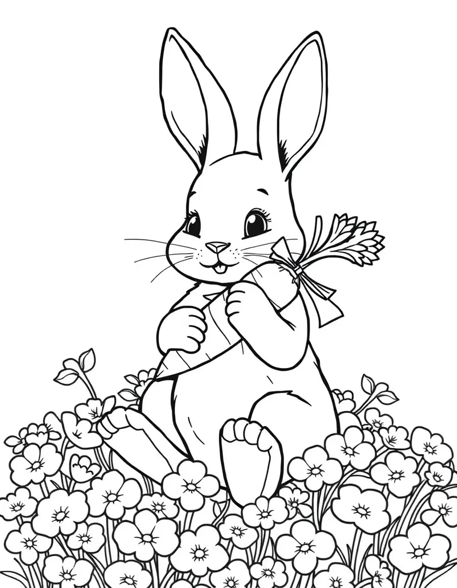 A bunny sitting in a patch of clover, holding a carrot with a ribbon