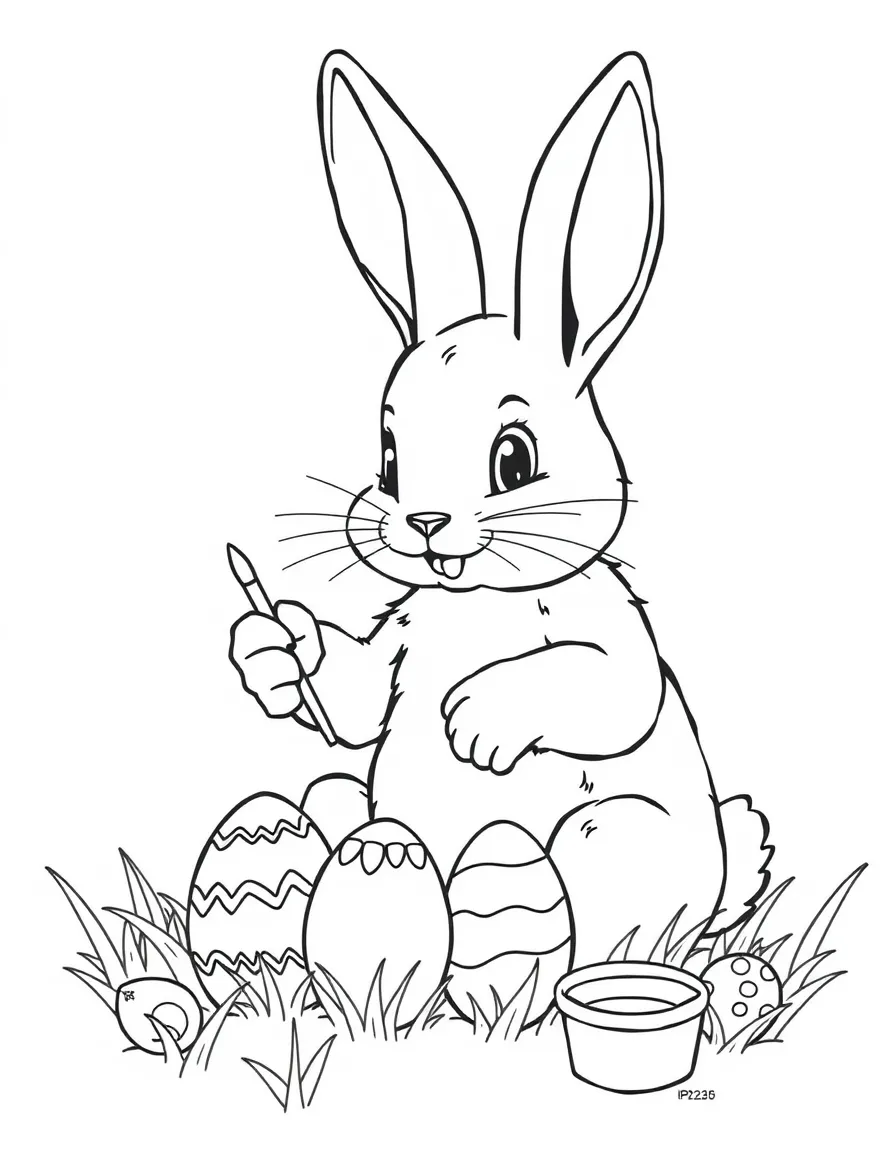 A bunny painting Easter eggs with small brushes and paint pots