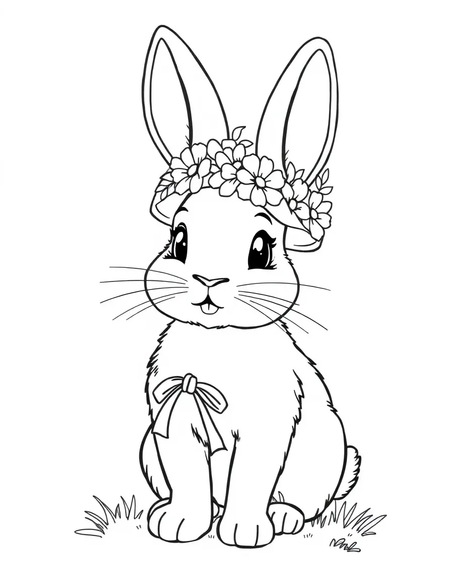 A bunny wearing an Easter bonnet decorated with flowers and ribbons