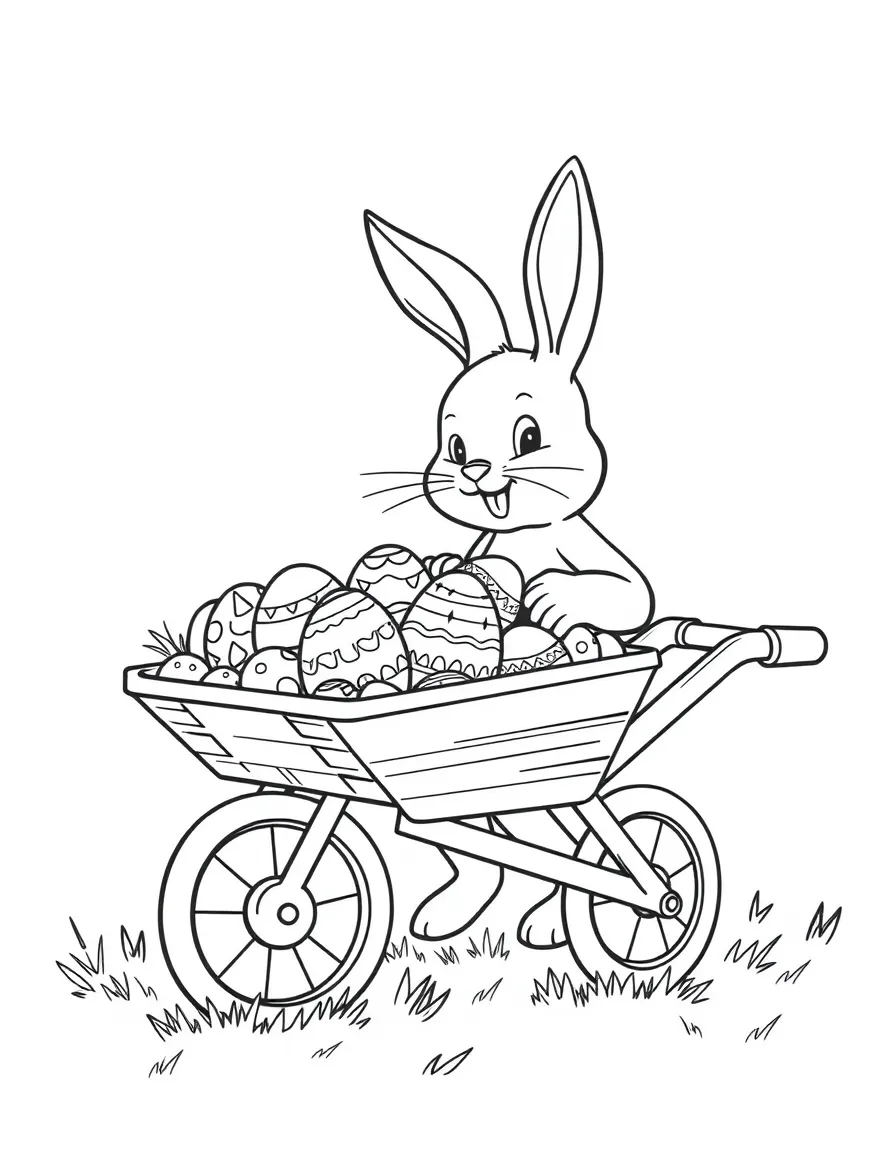 A bunny pushing a wheelbarrow full of colorful Easter eggs