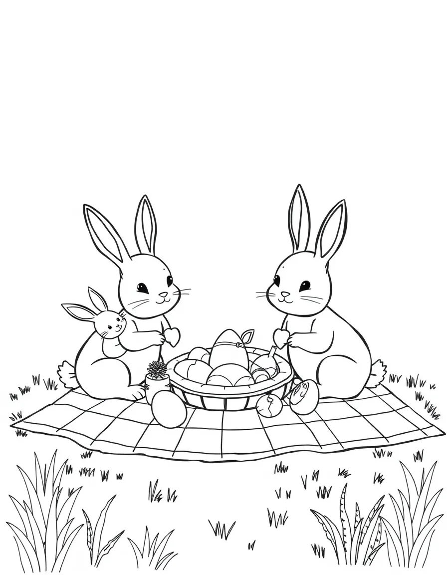 A bunny family having an Easter picnic on a checkered blanket