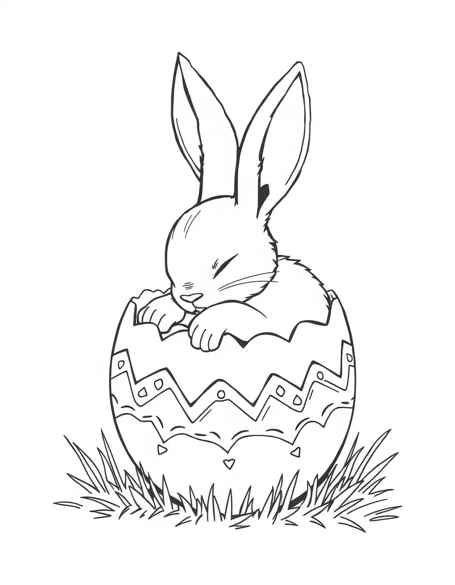 A bunny sleeping in a hollowed-out Easter egg