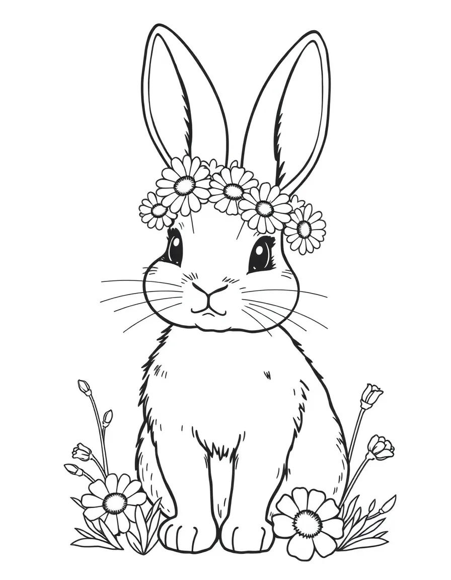 A bunny wearing a flower crown made of daisies and spring blooms