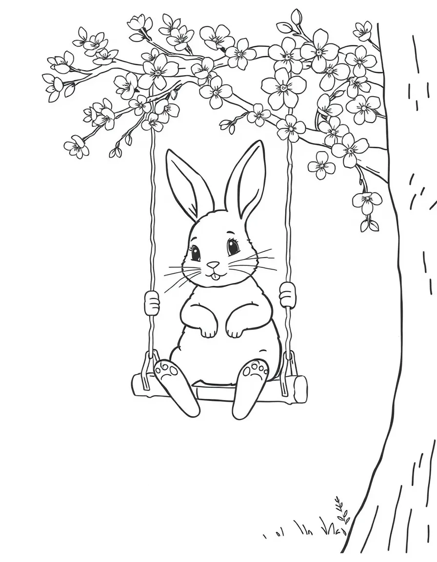 A bunny sitting on a swing hanging from a blossoming tree branch