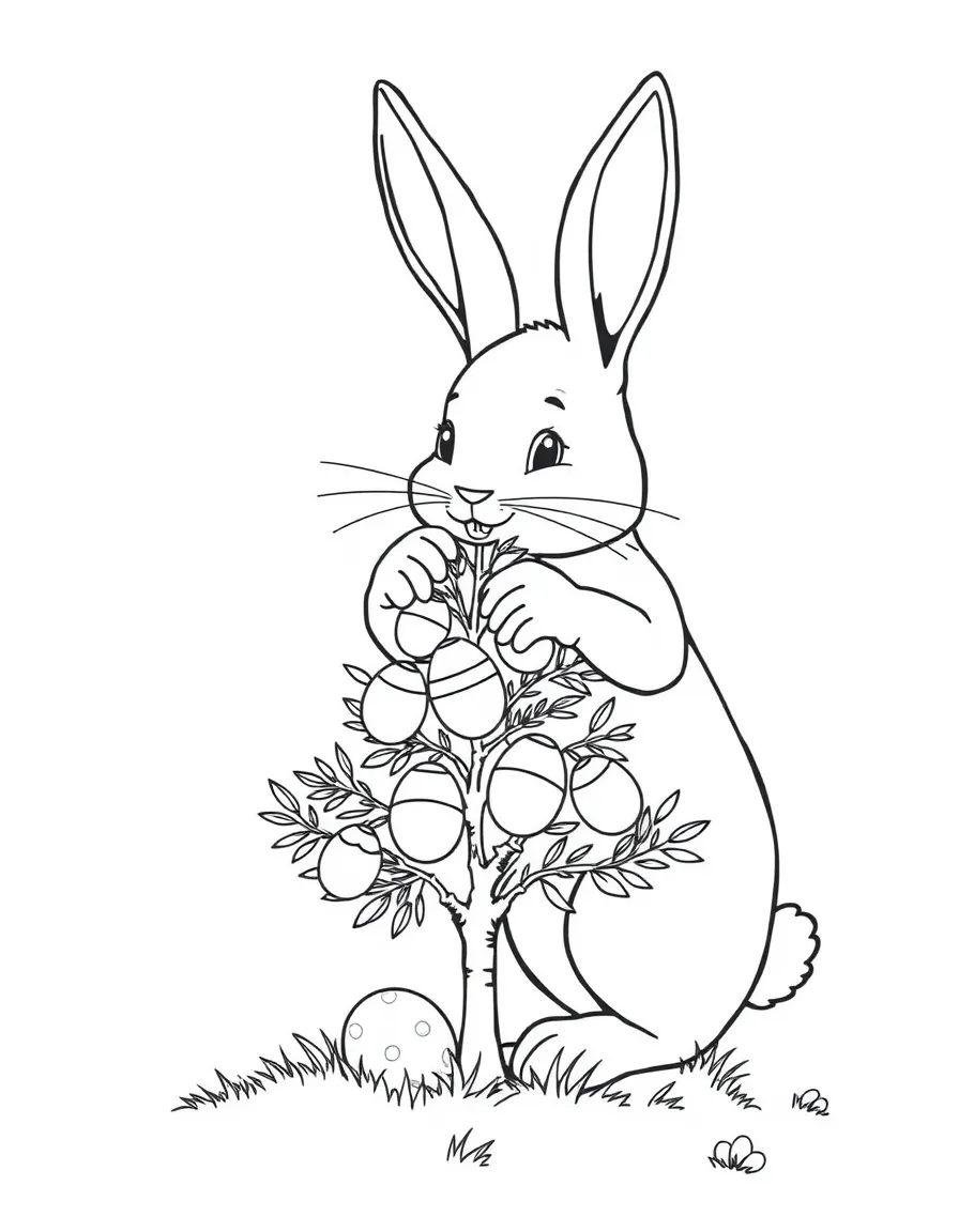 A bunny decorating a small Easter tree with miniature eggs