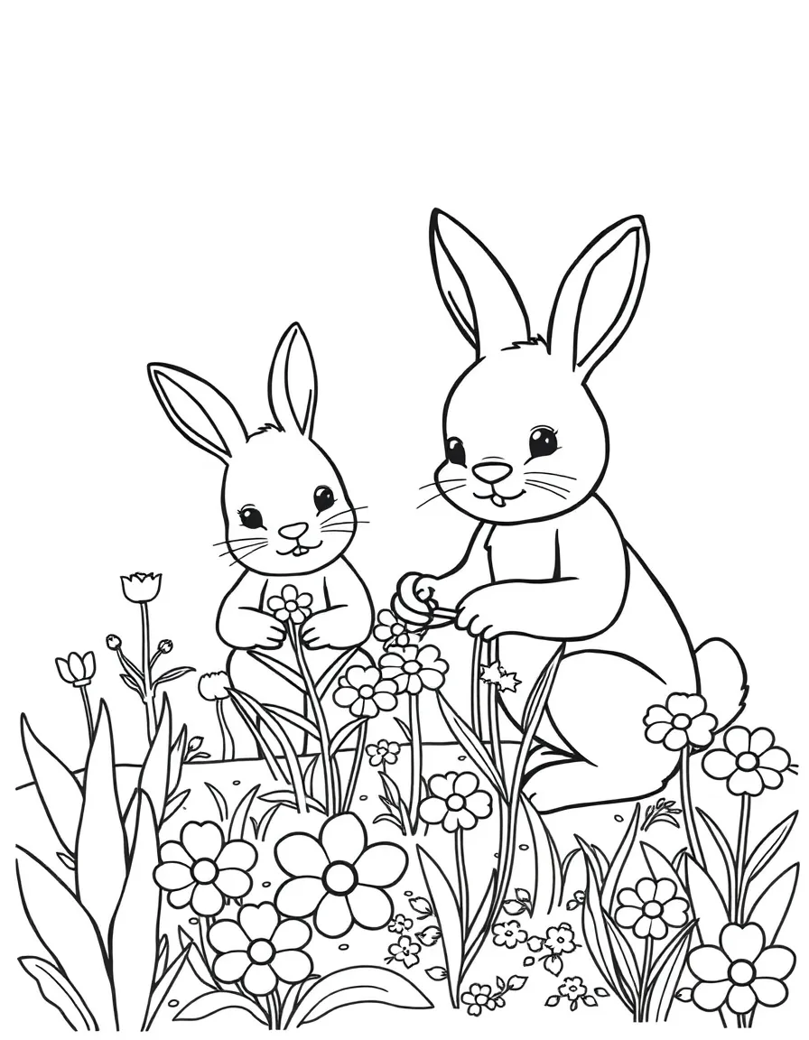 A bunny family planting spring flowers in a garden