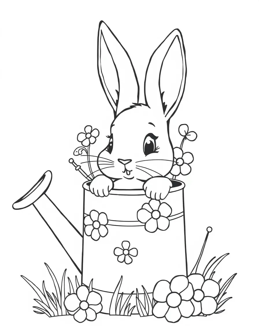 A bunny peeking out from inside a watering can with flowers