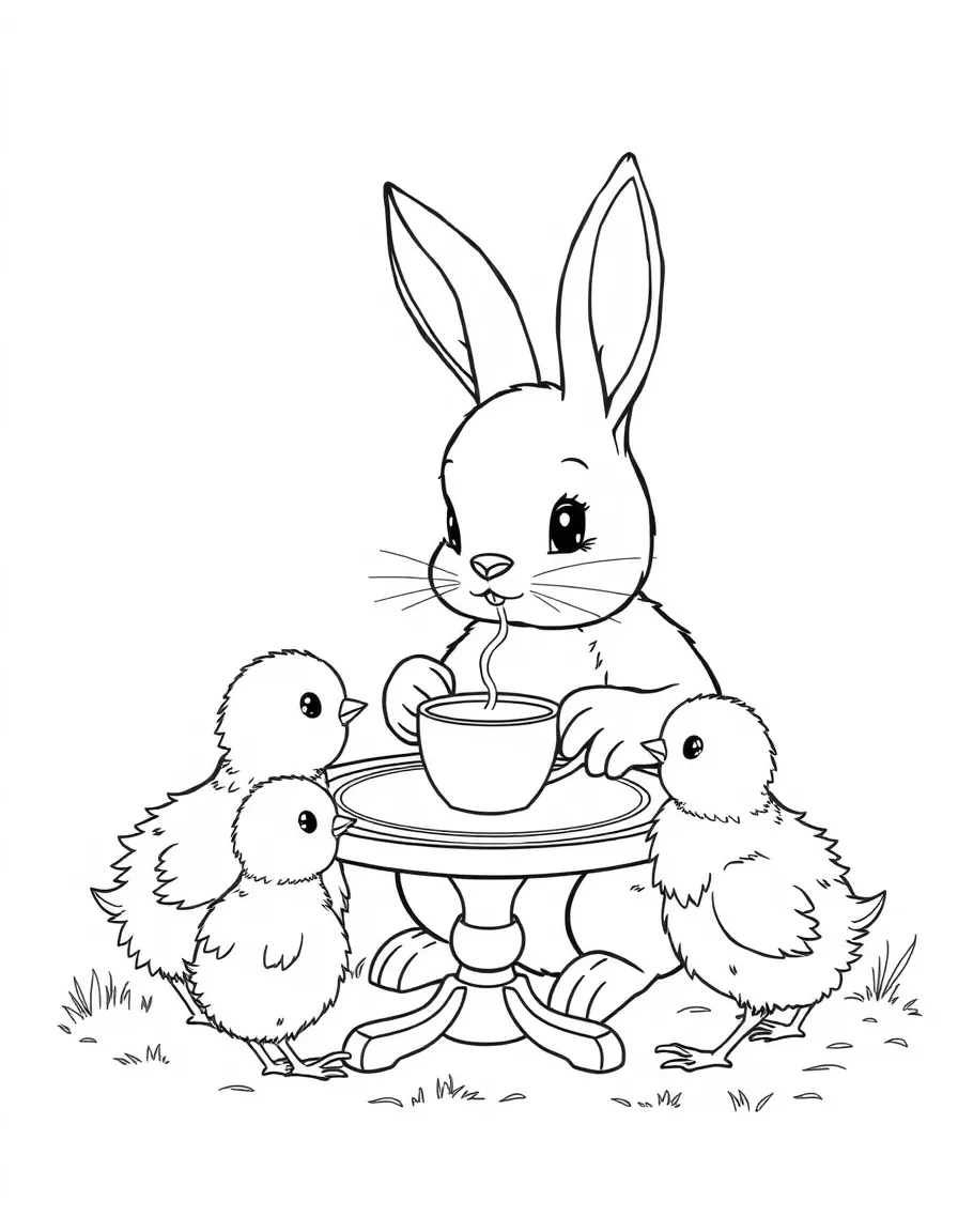 A bunny having tea with a group of chicks around a tiny table