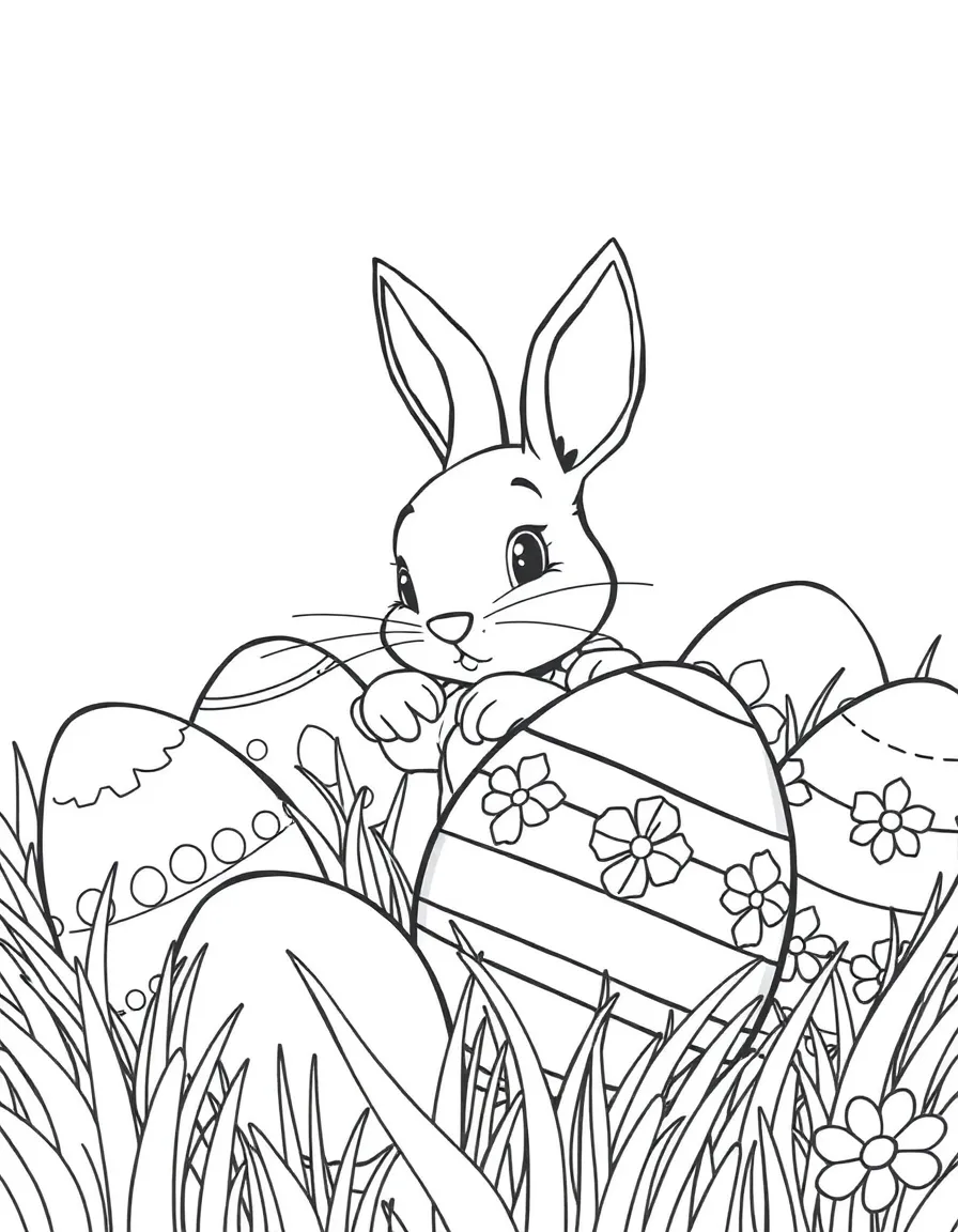 A bunny playing hide-and-seek among giant Easter eggs