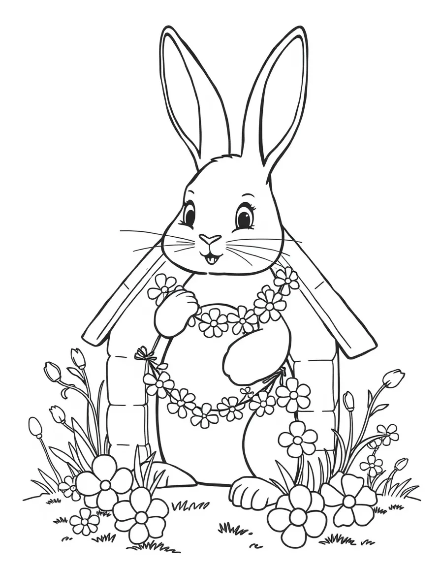 A bunny decorating its home with spring garlands and flowers
