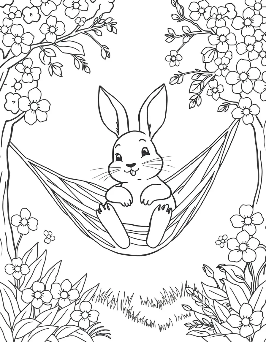 A bunny relaxing in a hammock between two flowering bushes