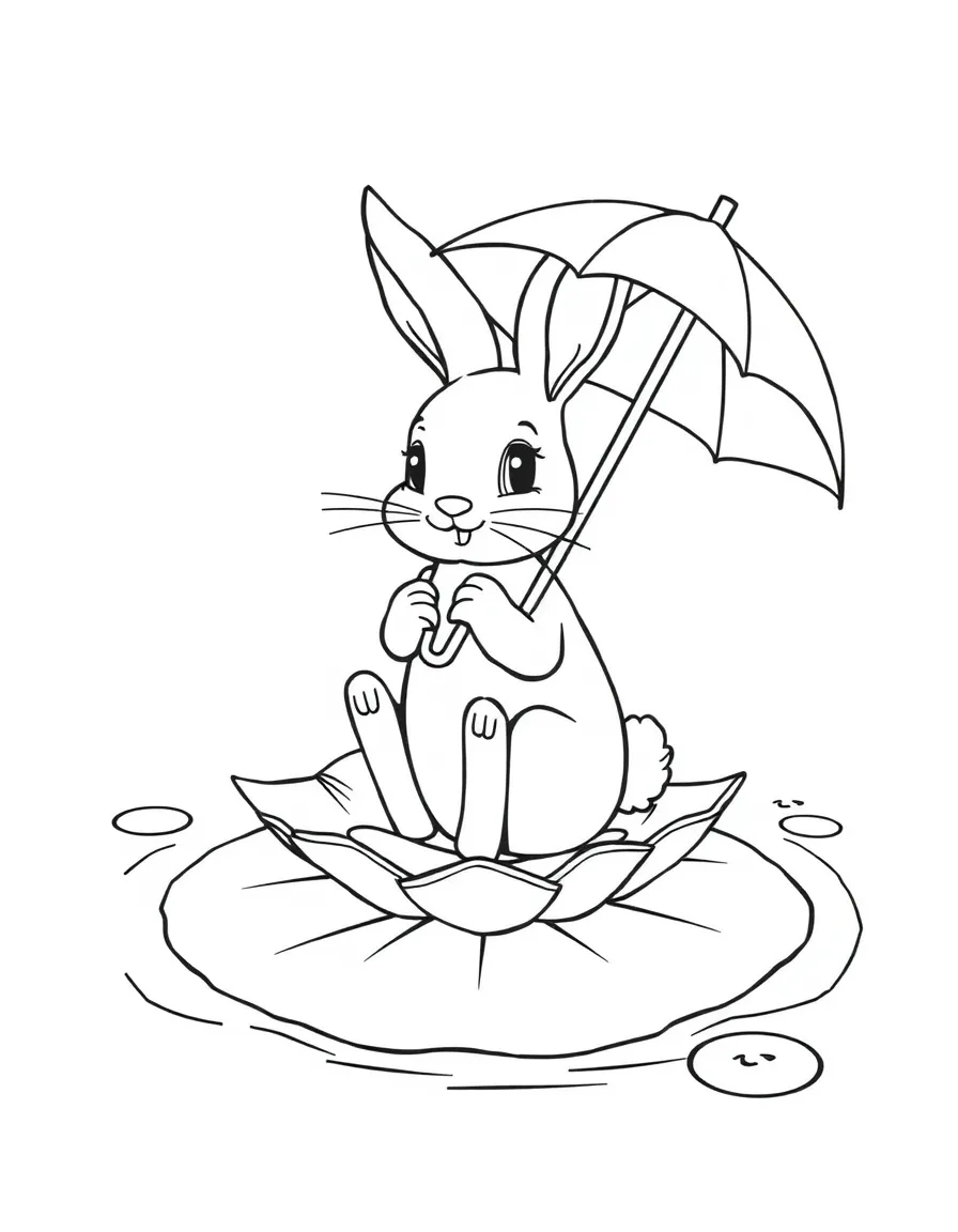 A bunny floating on a lily pad holding a tiny umbrella