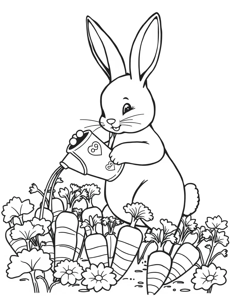 A bunny watering a garden of carrots with a decorated watering can