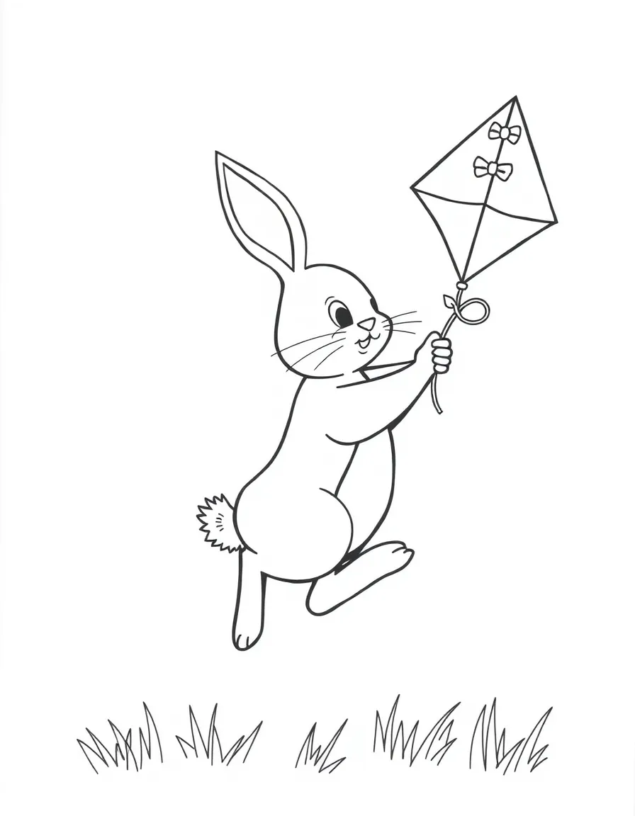 A bunny flying a kite shaped like a decorated Easter egg
