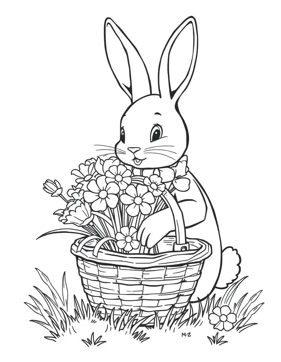 A bunny collecting spring flowers in a basket for a bouquet
