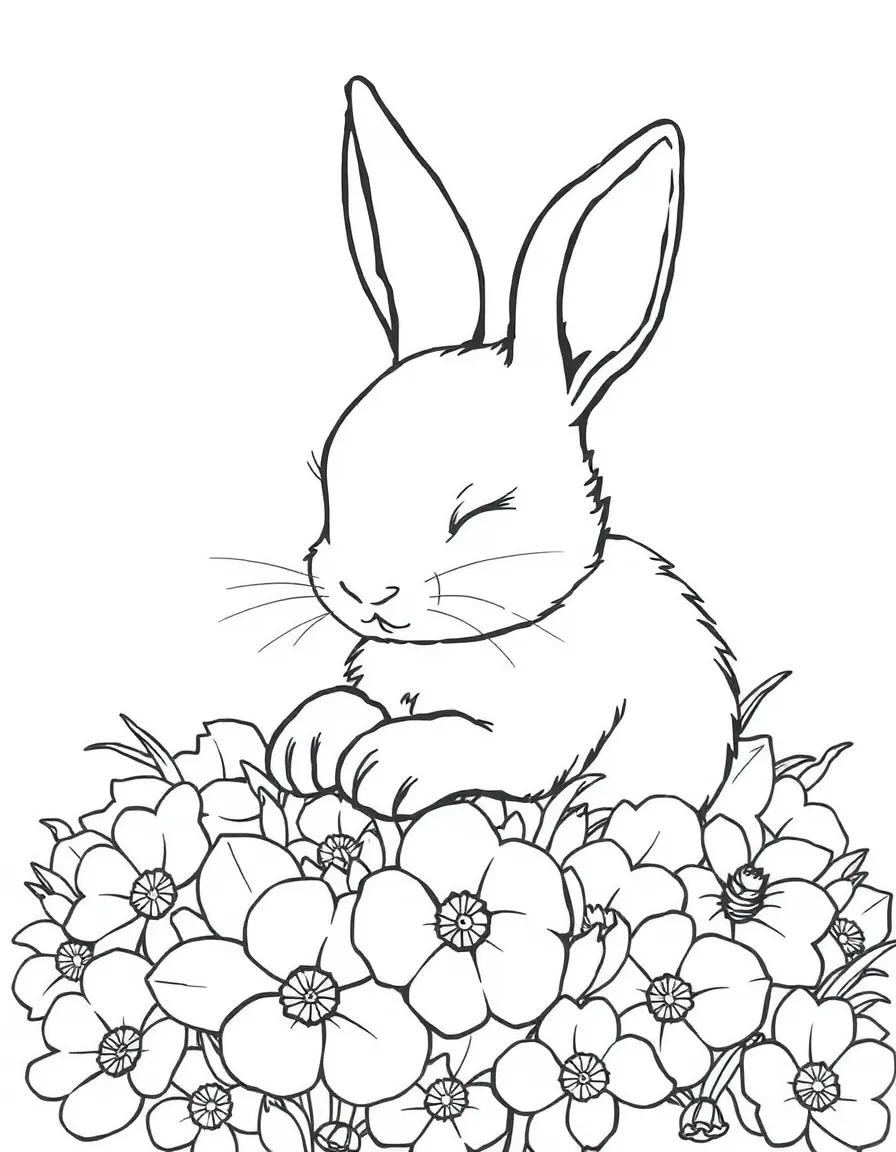 A bunny taking a nap on a bed of flower petals