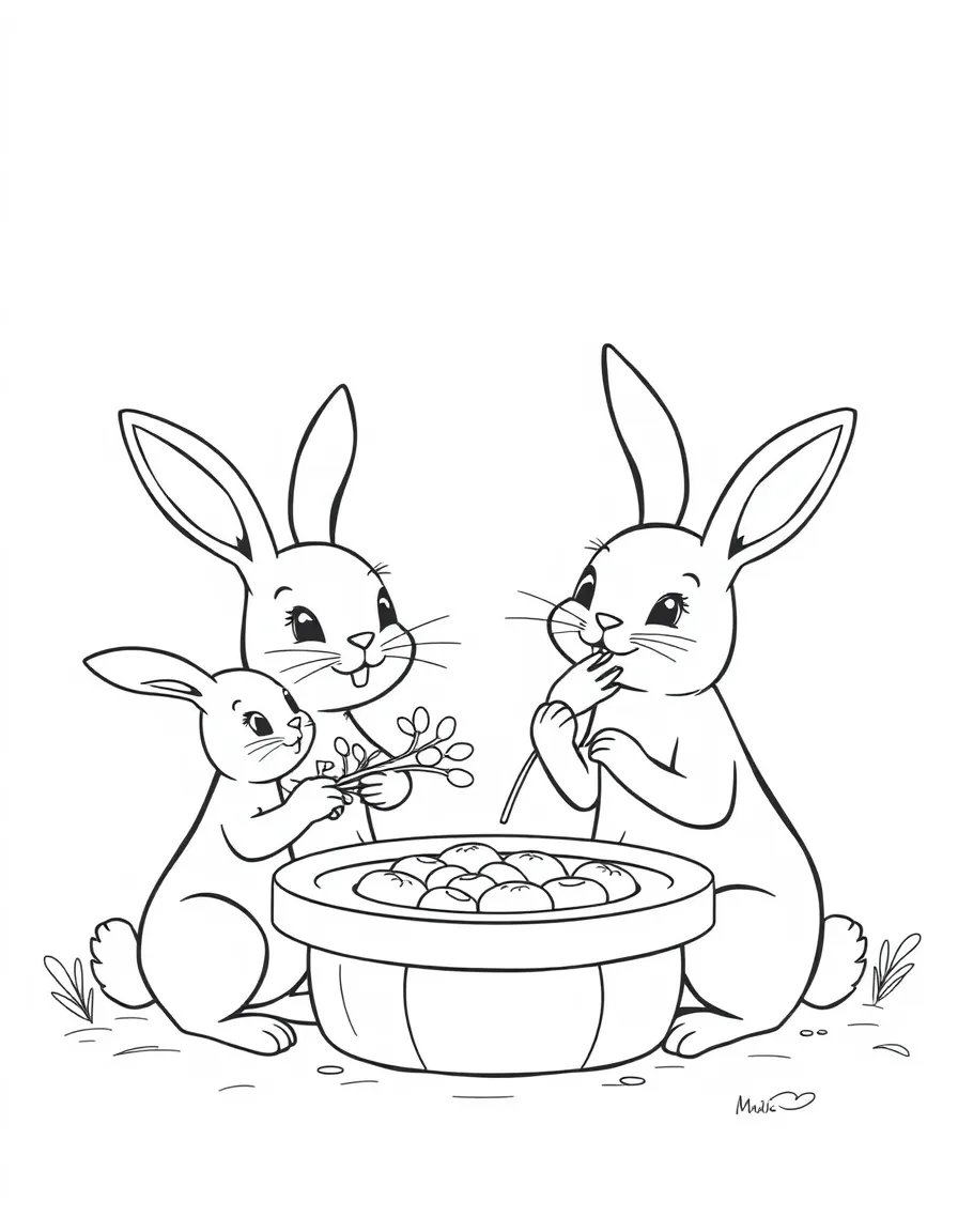 A bunny family having a carrot-eating contest