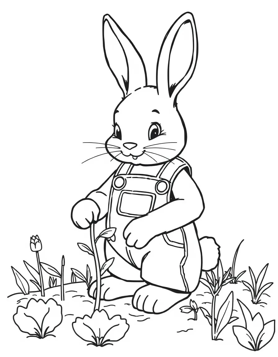 A bunny wearing overalls planting seeds in a garden