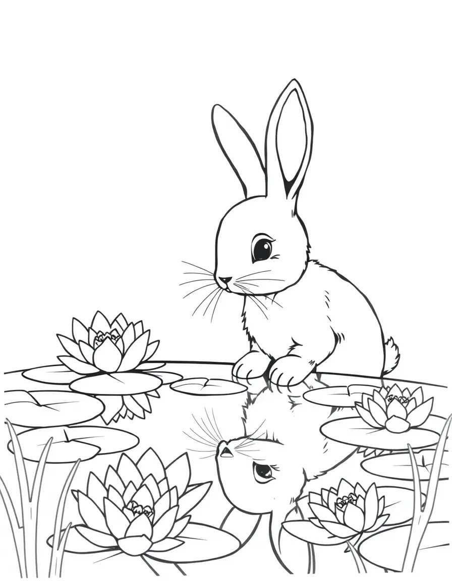 A bunny looking at its reflection in a pond surrounded by water lilies