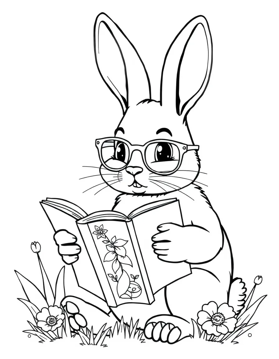 A bunny wearing glasses reading a book about spring gardening