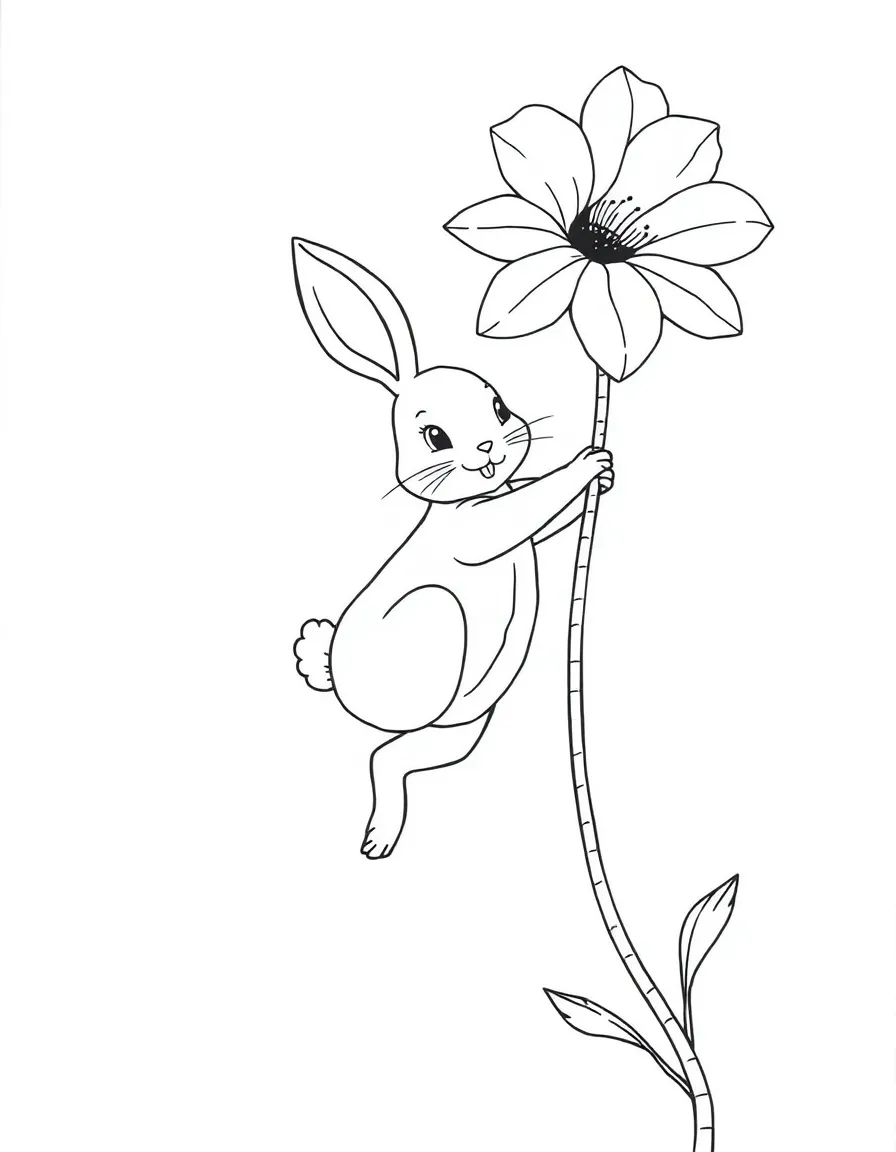 A bunny swinging on a flower stem like a trapeze artist