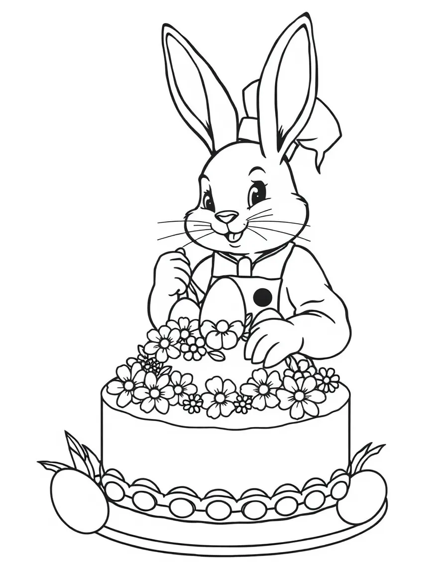 A bunny chef decorating an Easter cake with flowers and eggs