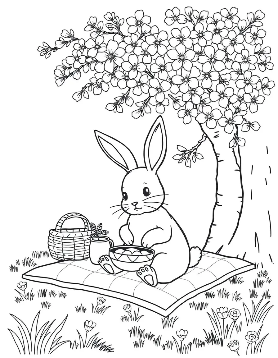 A bunny having a picnic under a cherry blossom tree