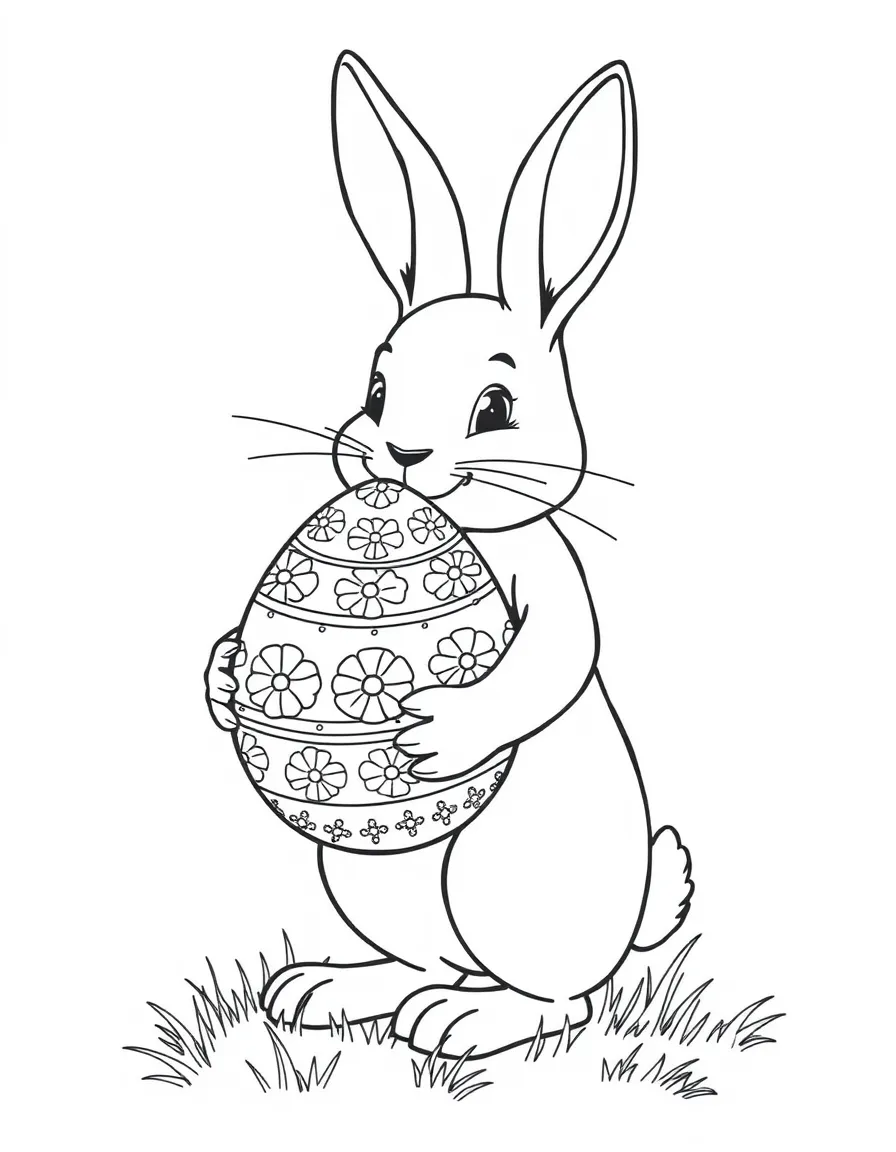 A bunny carrying a decorated Easter egg twice its size