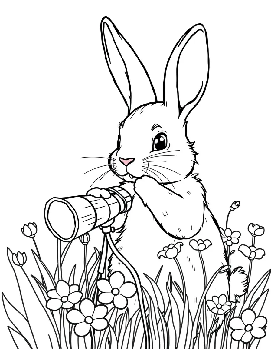 A bunny photographer taking pictures of spring flowers