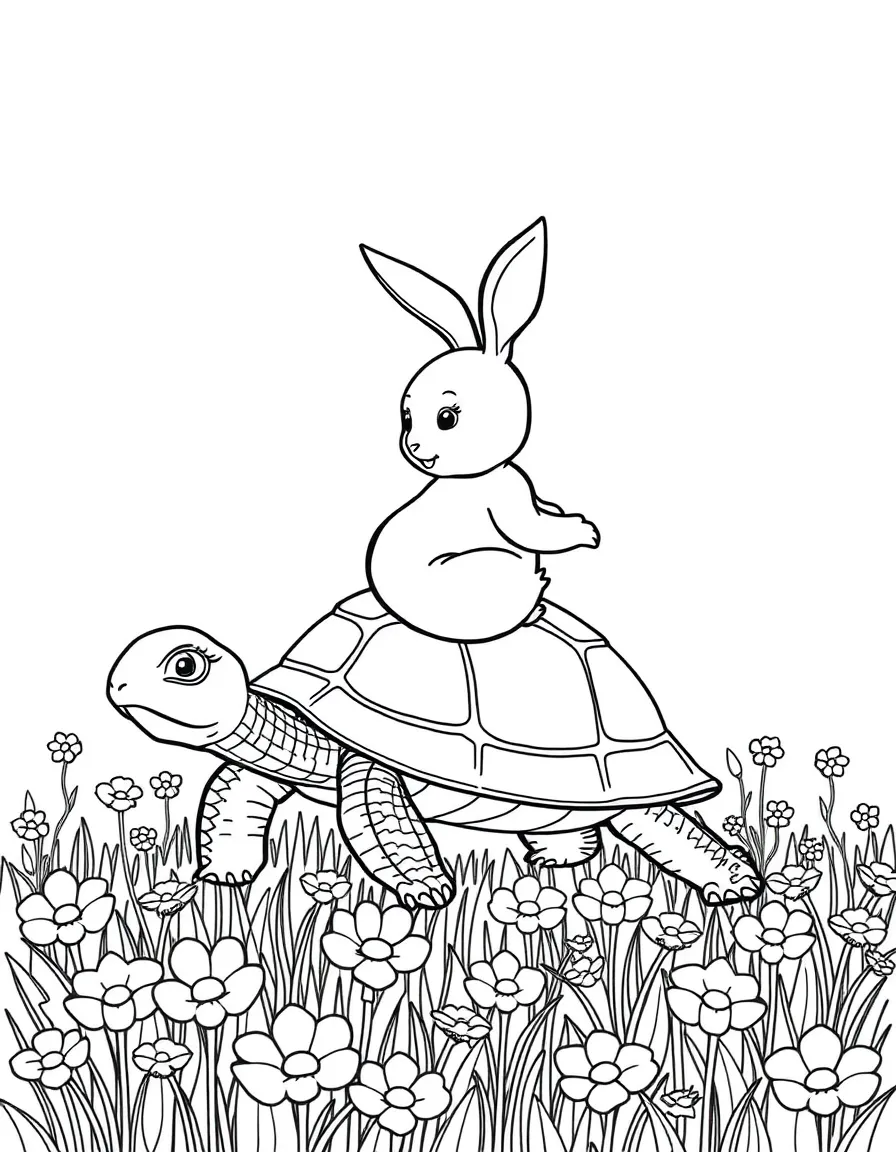 A bunny riding on the back of a turtle through a flower field